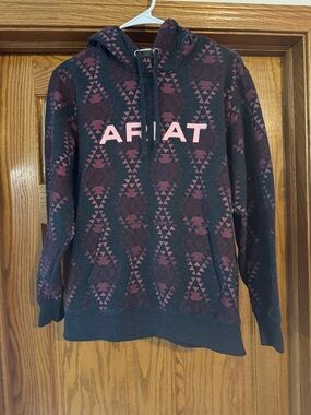 Ariat Gray Hoodie with Maroon Aztec Pattern and Bold Logo